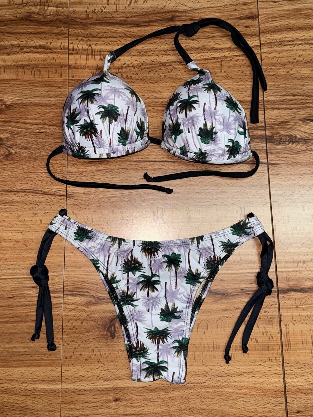 Palm Tree Print Padded Bikini Top and Tie-Side Bottoms Brazilian Bikini- Swim